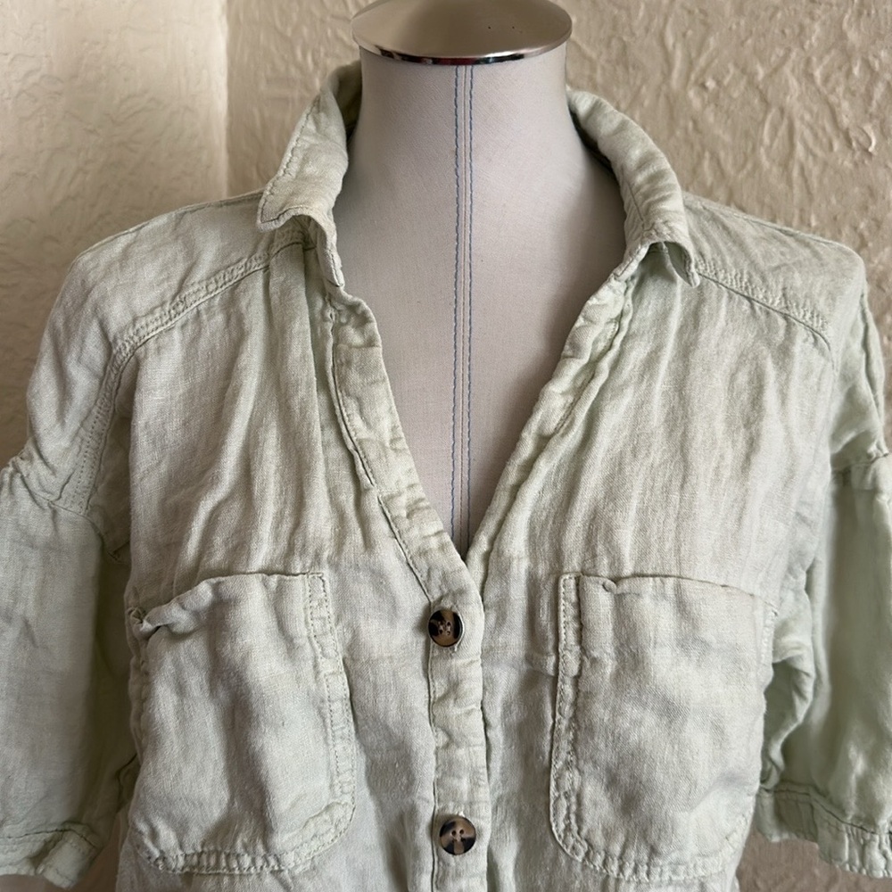 Zara Pale Spring Green Woven Casual Slouchy Short Sleeve Button Up Shirt Large - Picture 2 of 7
